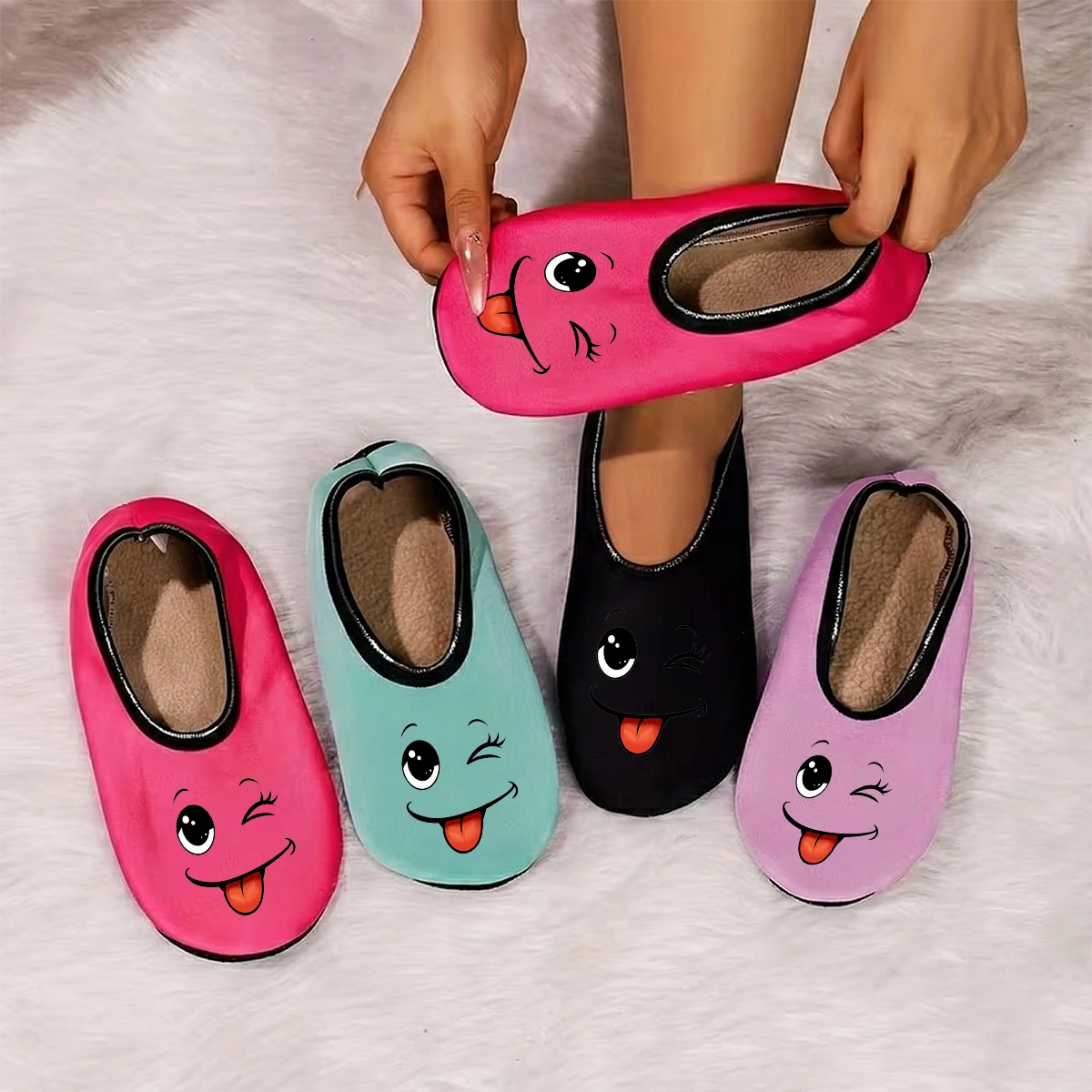 

Four season wearable women's cute expression printed suede breathable high elasticity indoor anti slip floor slippers