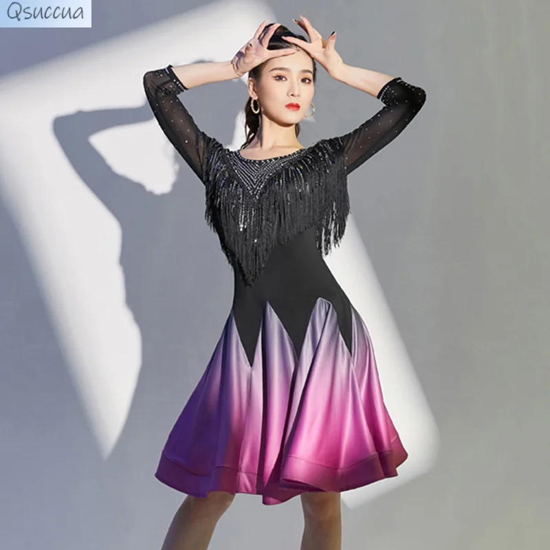 Competition One-Piece Latin Dance Dresses Women Stretchy Dress Half Sleeves Fringes Costume Satin Skirt