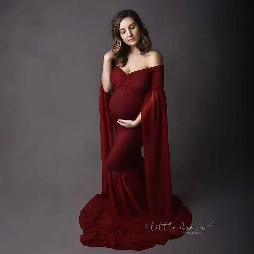 Maternity Photography Props Chiffon Ruffle Sleeve Fishtail Skirt Photo Shoot Photography Dress For Women  Pregnant Dress