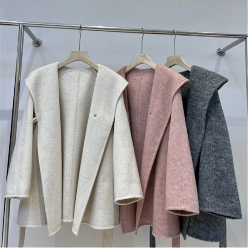 

2023 Simple Bathrobe Hooded Double-sided Wool Coat Women Fashion Warm Mulberry Silk Loose Belt Jacket Female Autumn Winter Overc