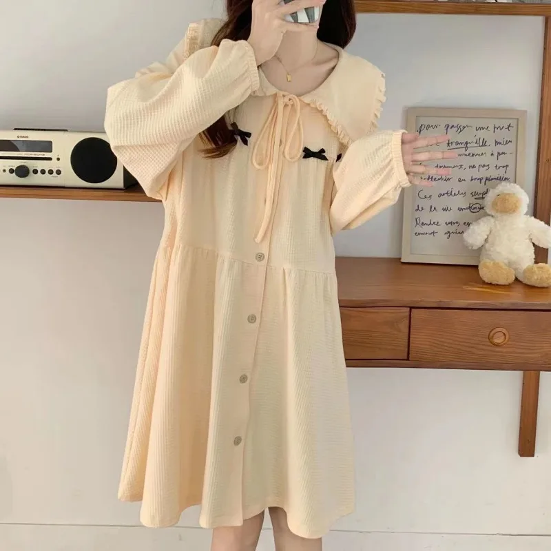 Bow Women Nightgown Ruffle Sleepwear Korean Nightwear Autumn Long Sleeve Sleeping One Piece Pajamas Peter Pan Collar Night Dress