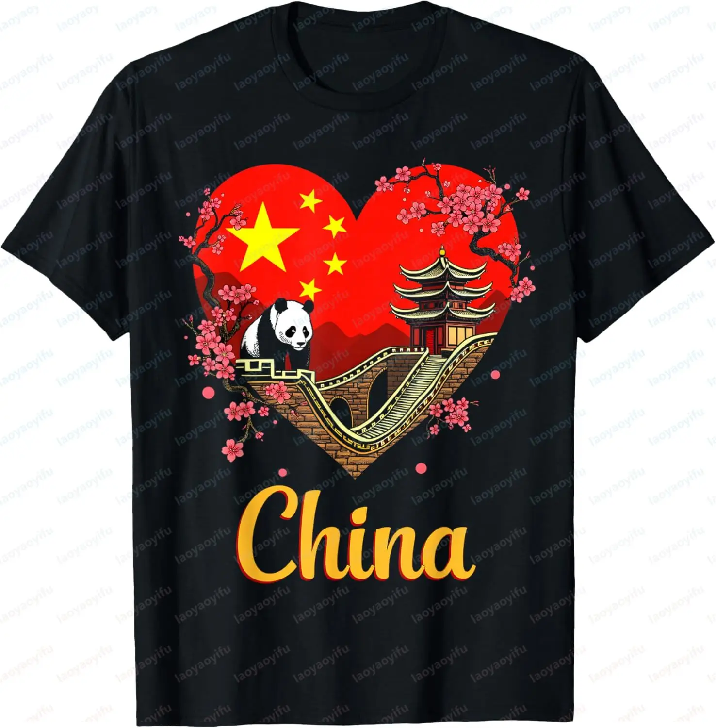 China Flag Panda The Great Wall Love Heart T-Shirt Unisex Summer Streetwear Tops Cotton Mens Clothing Graphic Short Sleeve Tee