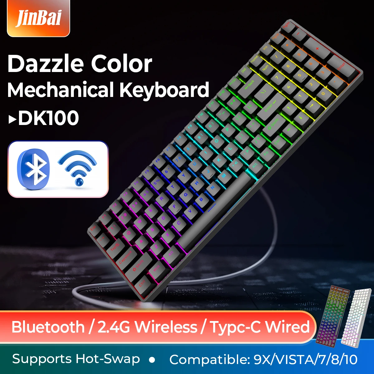 100 Keys Wired Mechanical Keyboard Bluetooth 3 Mode Metal Panel RGB Backlight Keysets for Game Work Hot Swap Computer Keyboards