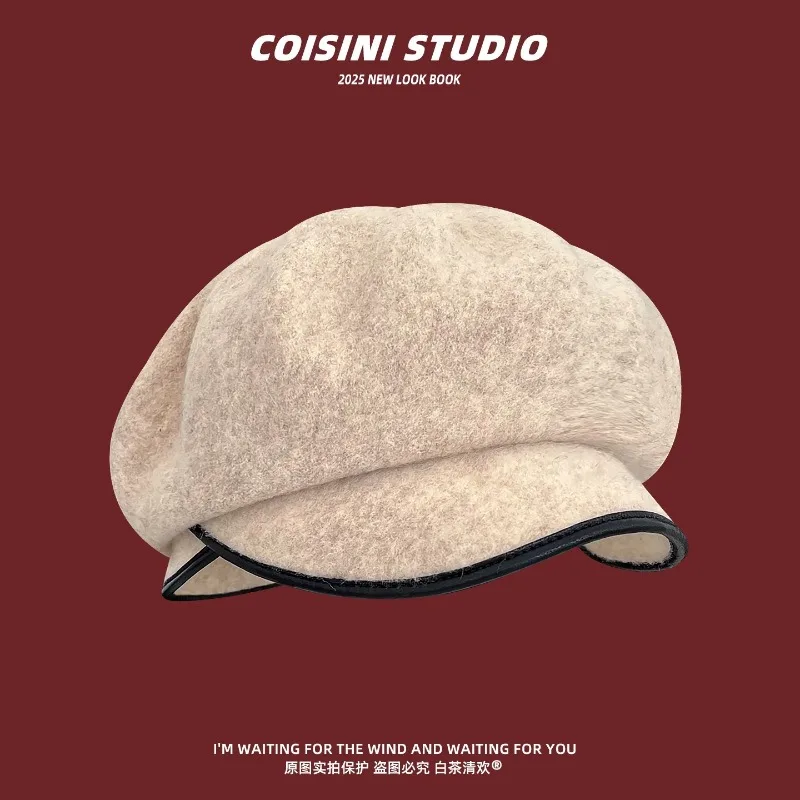 

100% Wool Splicing PU Leather Hemming Berets for Women Autumn and Winter Casual Versatile Show Face Small Literary Painter Hat
