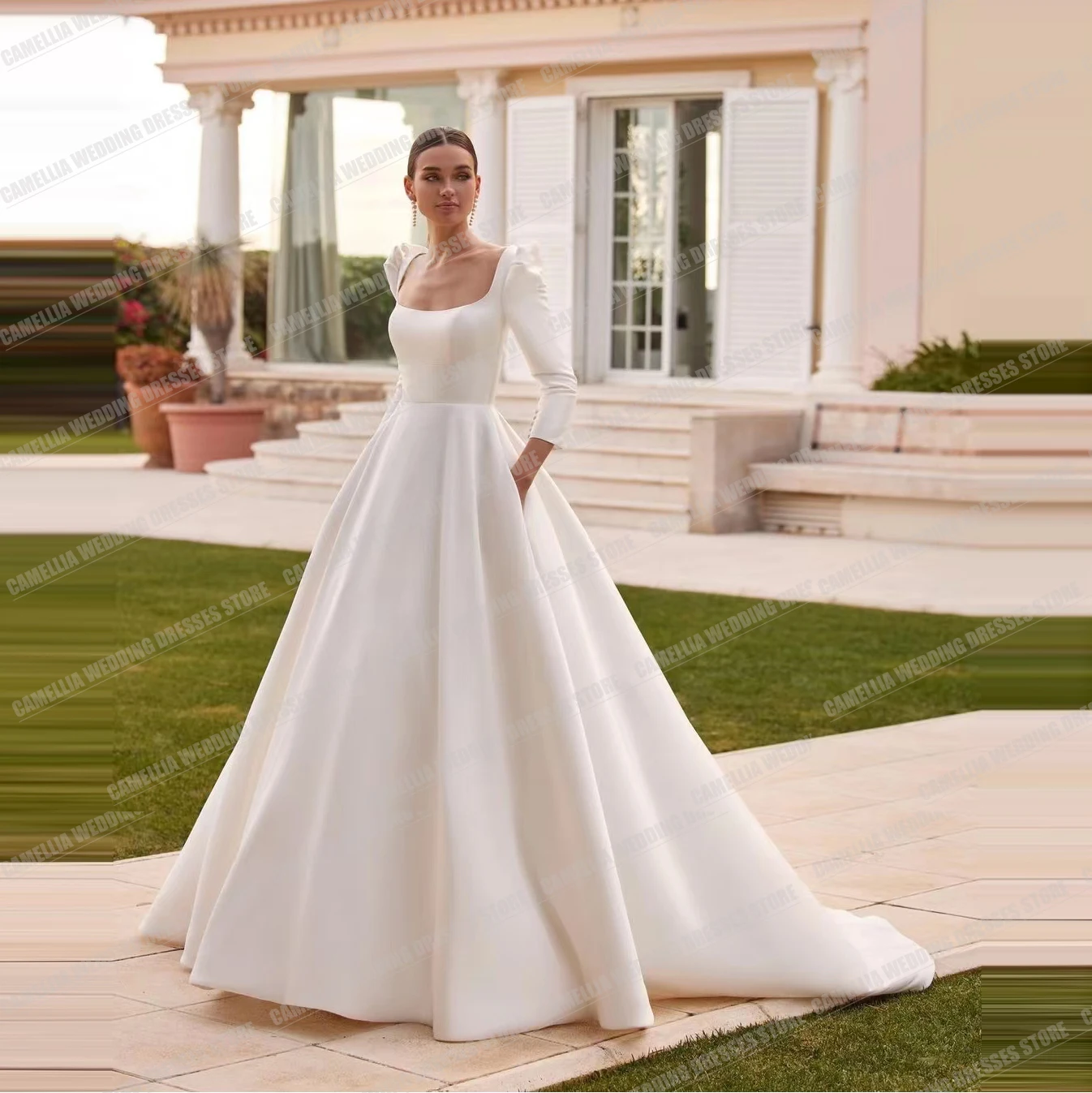 Simple A Line Wedding Dresses For Women Sexy Square Collar Backless Satin Formal Elegant Beach Party Bridal Gowns فستان الزفاف