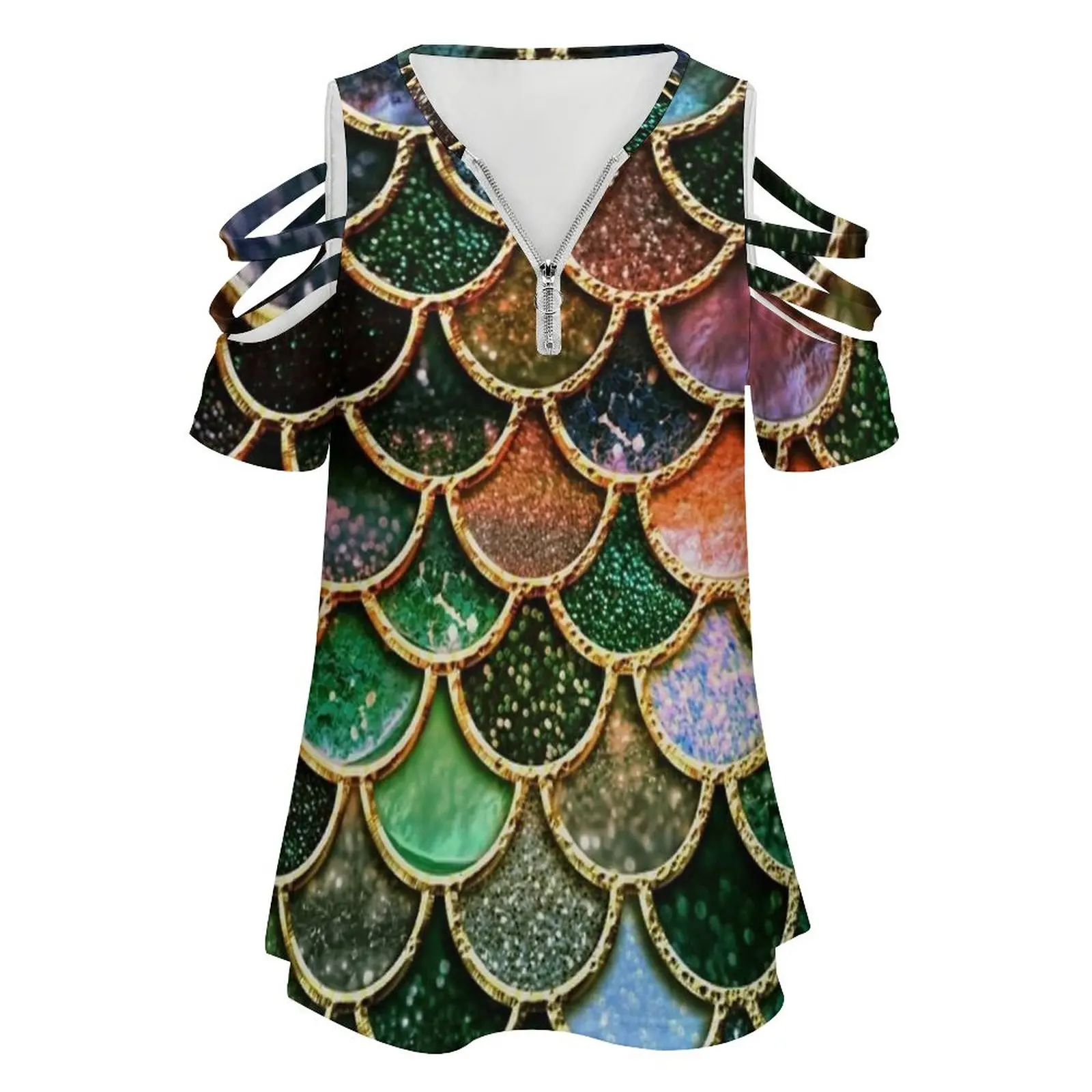 Green Sparkle Faux Glitter Mermaid Scales New Fashion Zip Off Shoulder Top Short-Sleeve Women Shirt Abstract Animal Blink Fish