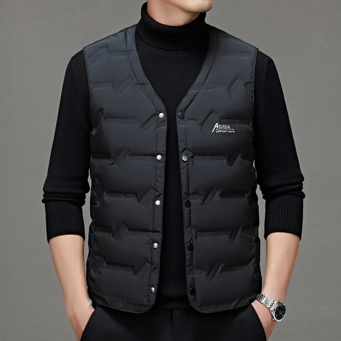

Men's down Vest Casual V-Ne 90 White Du down Anti-Cold Warmth Autumn Winter Thiened Polyester Fiber Busin Gentleman ...