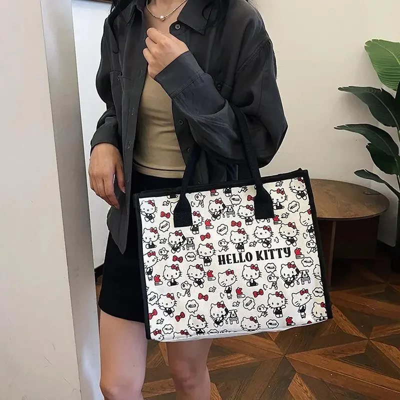 حقيبة سفر محمولة هالو كيتي بكتف واحد، حقيبة ملكة جمال لطيفة جديدة ذات سعة كبيرة، حقائب مطبوعة من القماش للمرأة