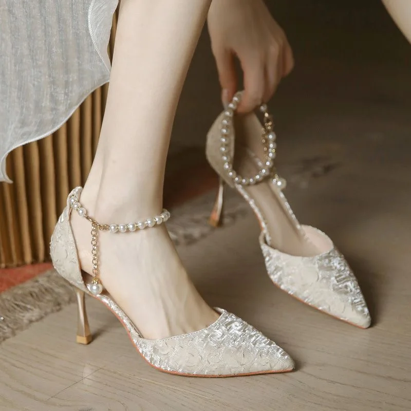 

New High Heels Women's Stiletto Heels Pumps Fashion Hollow Single Shoes Pearl Shallow Mouth All-match Woman Shoes Baotou Sandals