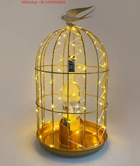 

High-End Bespoke LED Bottle Display RackCreative Design Birdcage Shape Luminous Wine Bottle Display Stand Party Decoration Prop