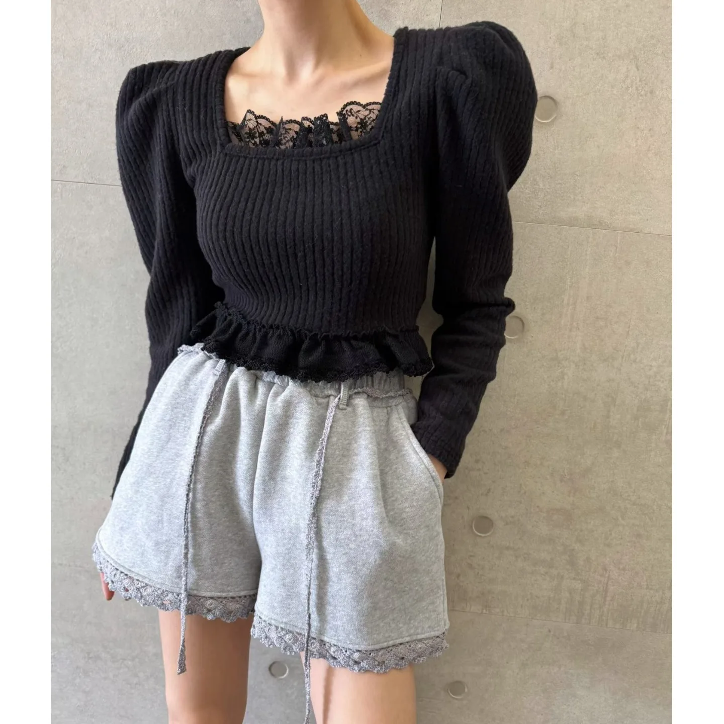 

Ladies Long Sve T-irt Square Collar Lace Trim Splice Winter Faion Sweet Sle Commute Bubble Sve Other Material Top