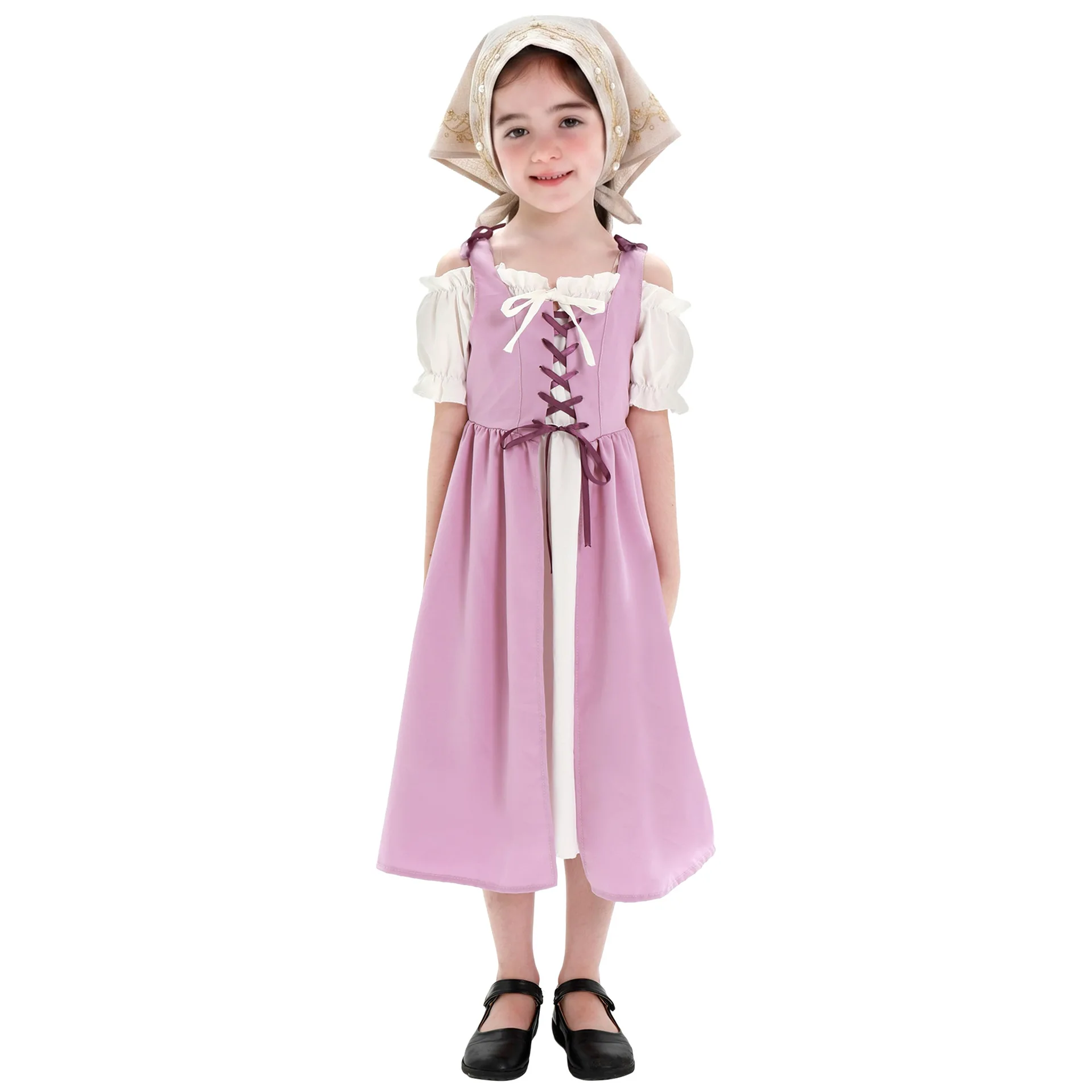 Kids Medieval Costume Girls Vintage Pastoral Dress Halloween Carnival Party Stage Performance Outfit Pastoral Farm Costume view 5