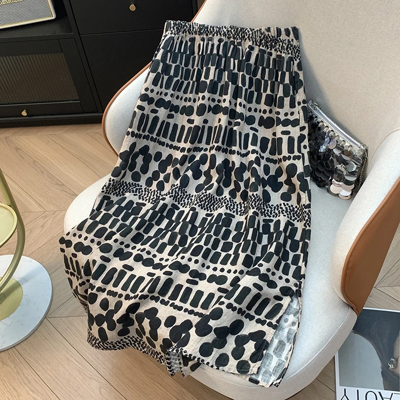 

Retro Waed Linen Thiened f Skirt Digital Print Casual Versatile Commute Sle kets mid Waist Straight Cut Long Skirt