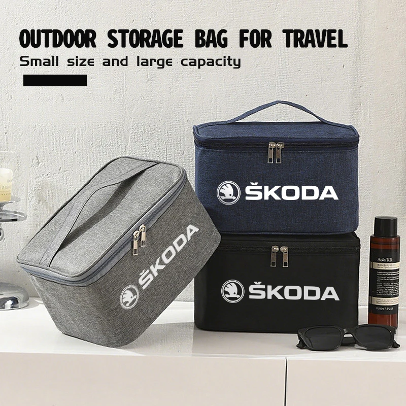 For Skoda Large Capacity Car Logo Toiletry Bag Travel Storage Box Auto Accessories Kodiaq Octavia 2 3 Rapid Karoq Fabia Kamiq