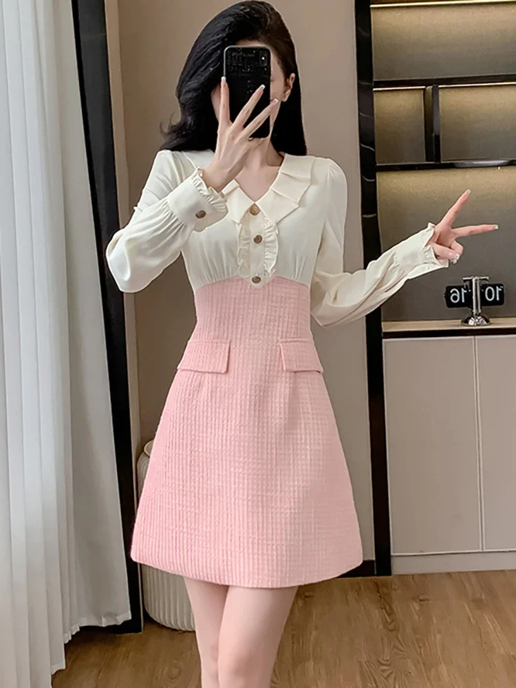 

Women Pink Patchwork White Long Sleeve Ruffled Collar Mini Dress Autumn Winter Elegant Casual Dress 2025 Korean Fashion Vestidos
