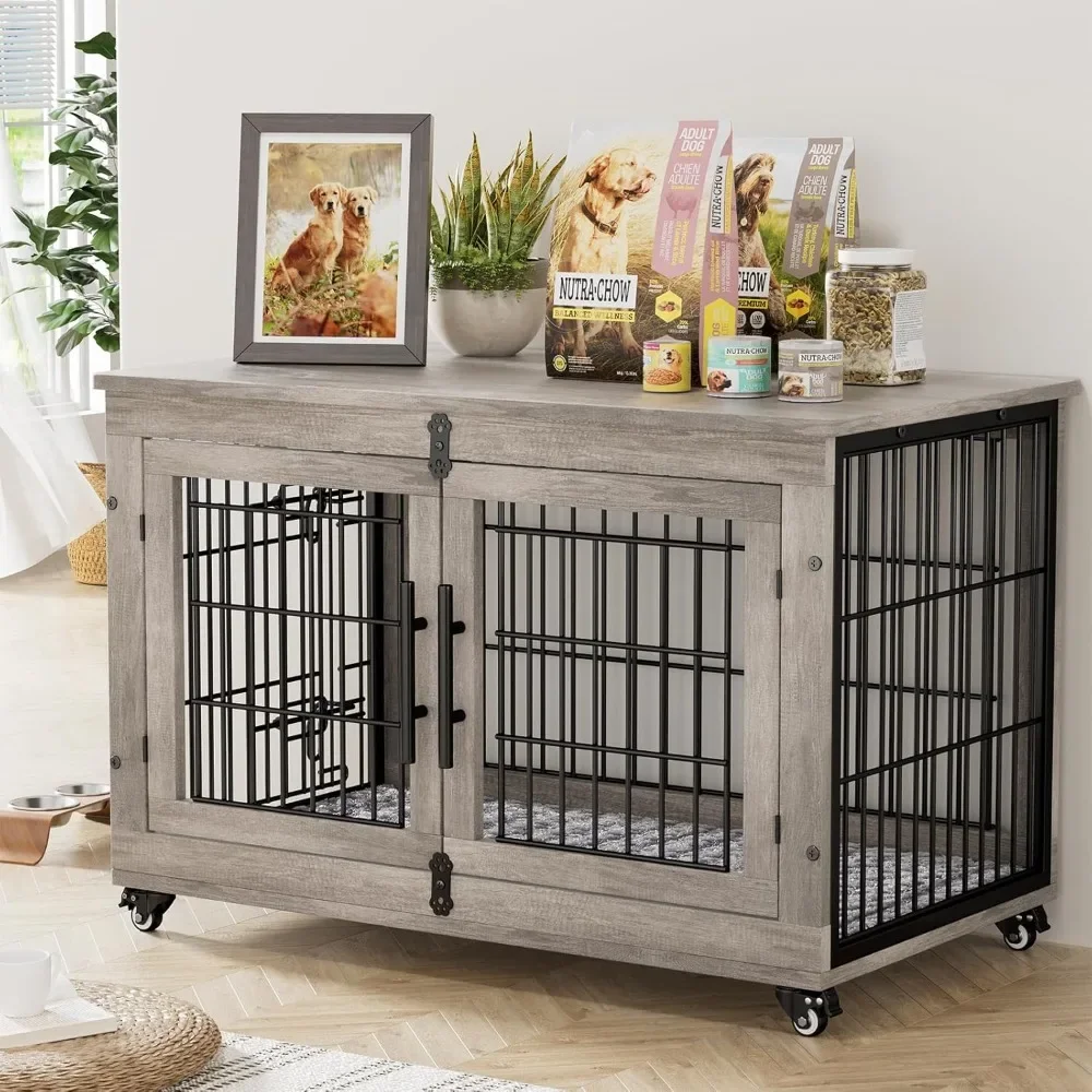 Dog Crate Furniture, Dog Kennel Indoor Double Doors Wooden Cage, Heavy Duty Crate with Cushion & Wheels