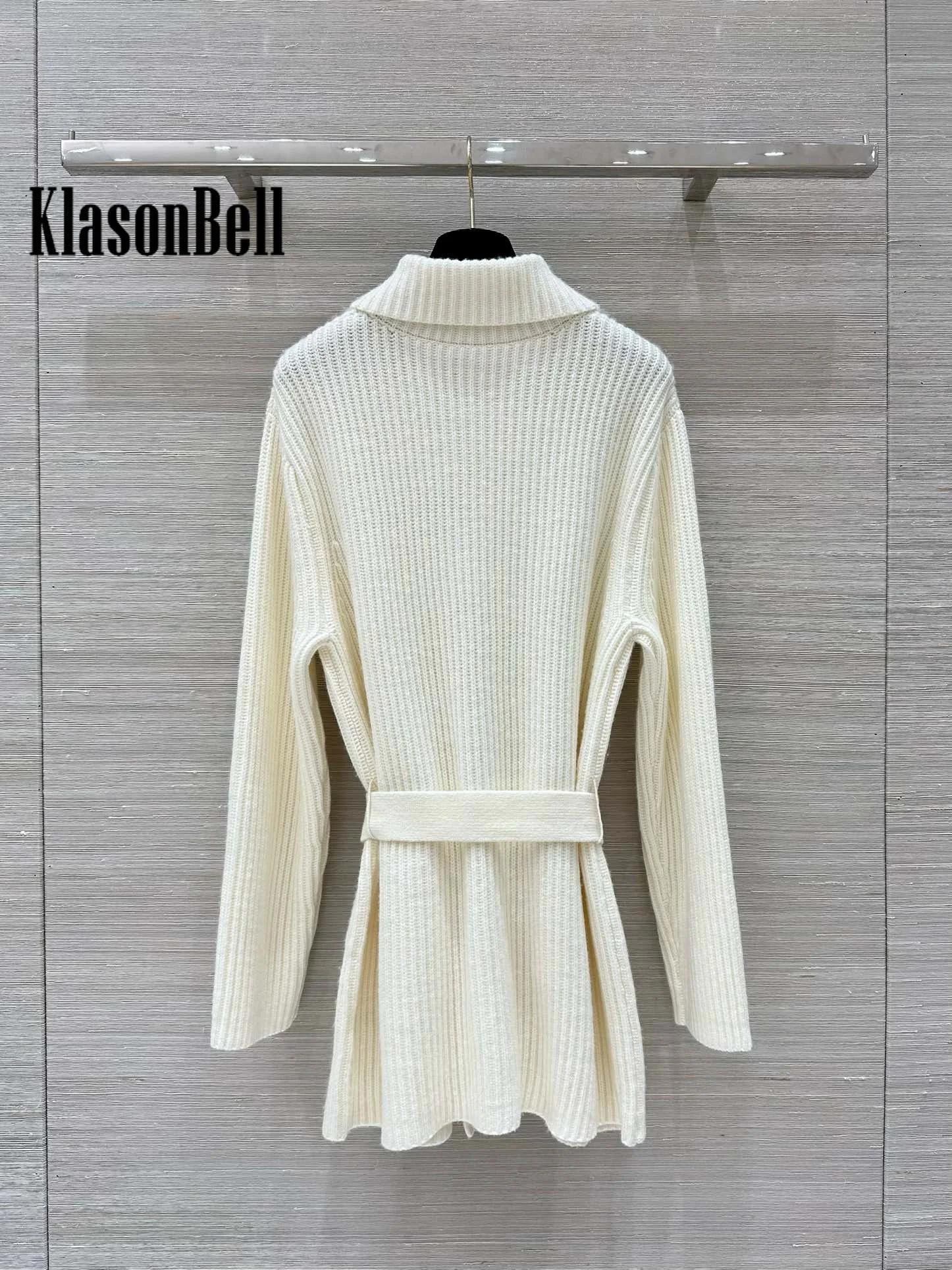 9.2 KlasonBell Women\'s Elegant Double Pocket With Sashes Bow Ribbed Wool Knit Cardigan Lapel Single Breasted Coat Autumn New