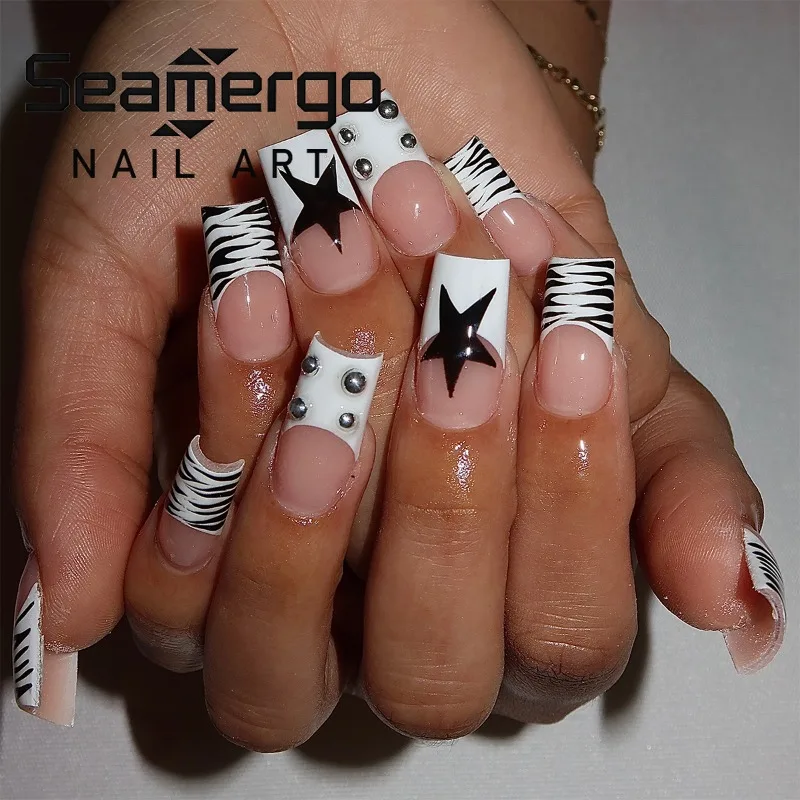 24PCS Y2k Black Star Medium Square Press on False Nails White Zebra Print French Fake Nails Full Cover Acrylic Simple Nail Tips