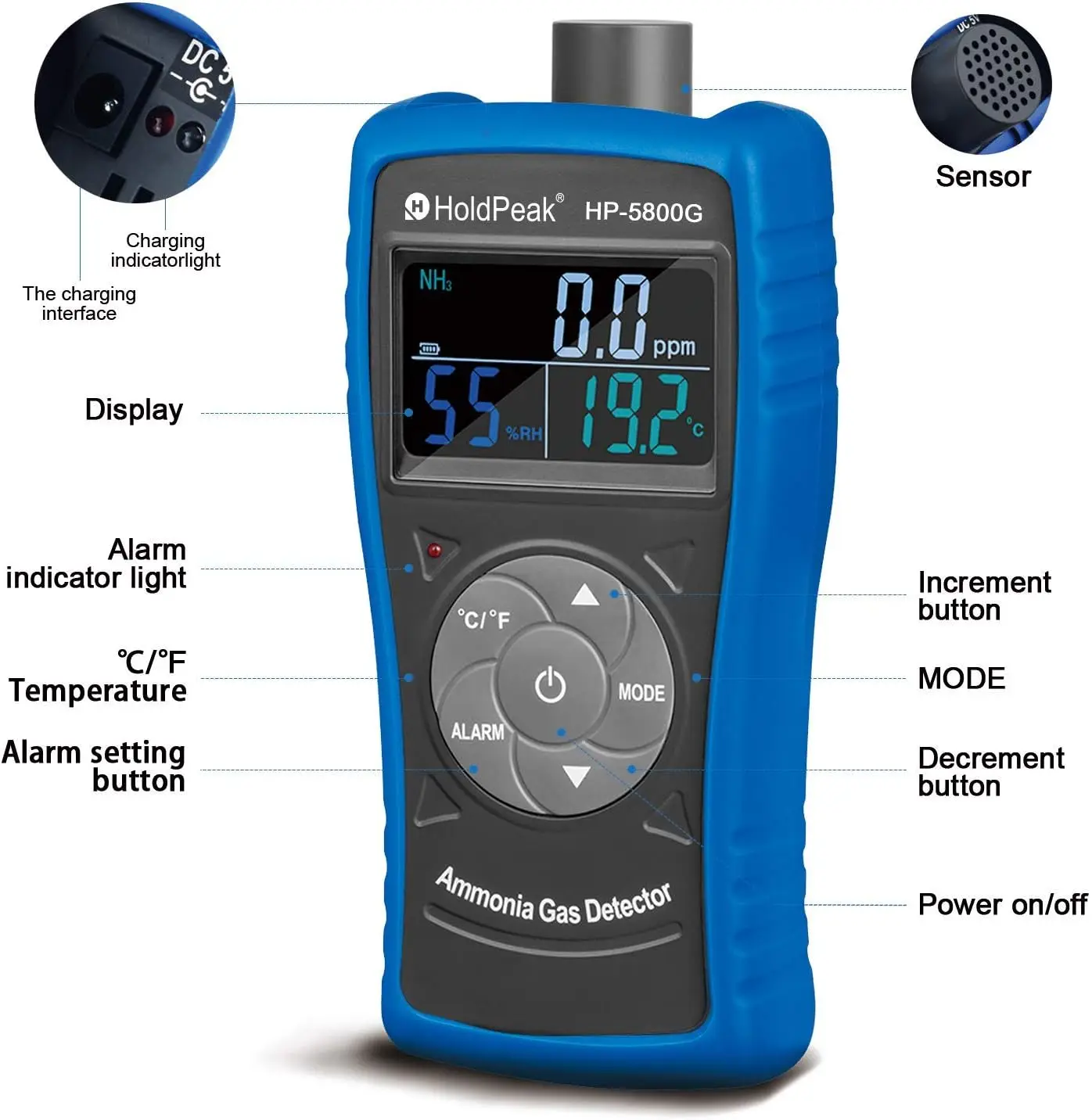 HoldPeak Ammonia Gas Detector Rechargeable Ammonia Gas Monitor 0~100 PPM Professional Ammonia Meter for Farm, Pigs and Livestock