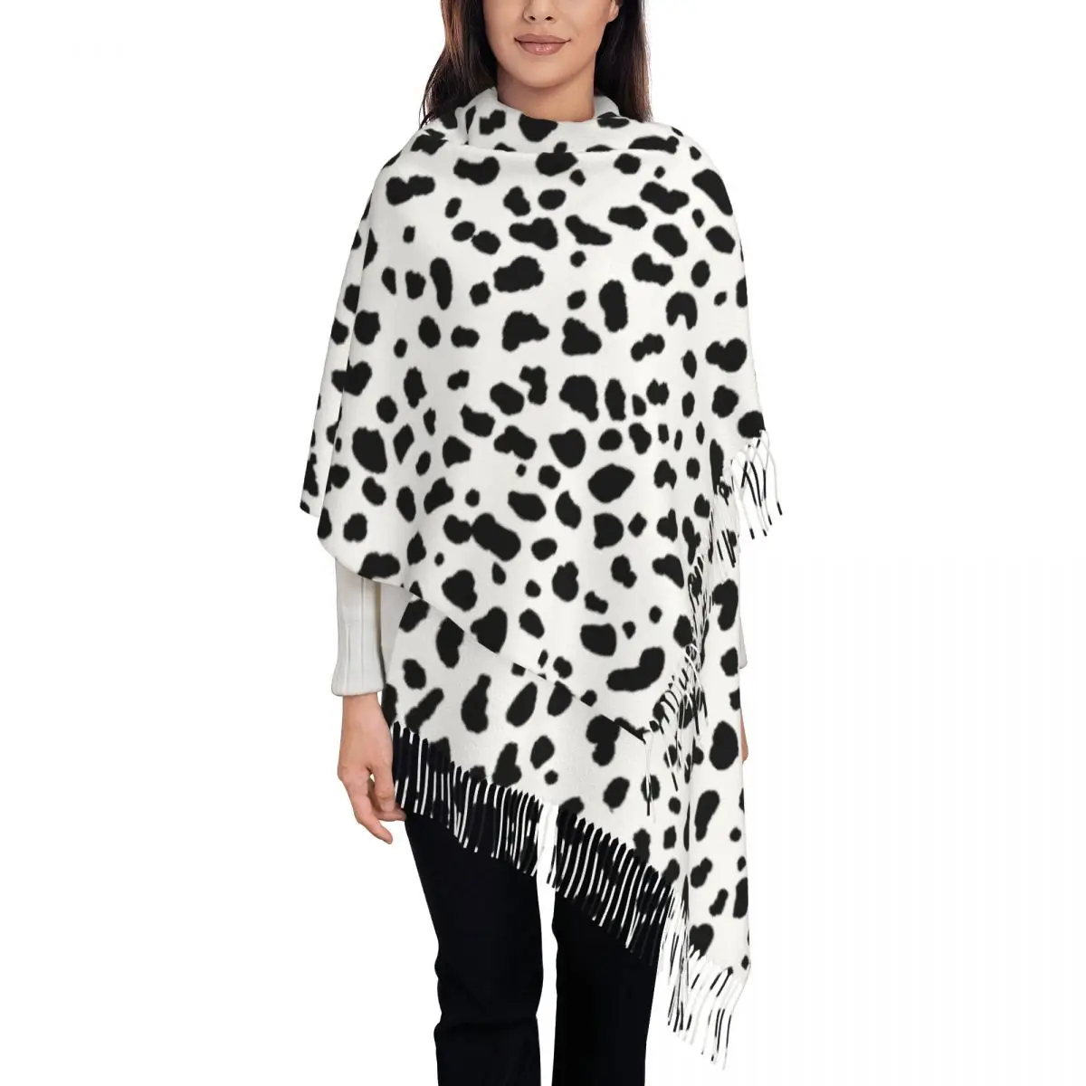 Dalmatian  Halloween Women's Tassel Shawl Scarf Fashion  Black And White Scarf Winter  Woman Black Scarp