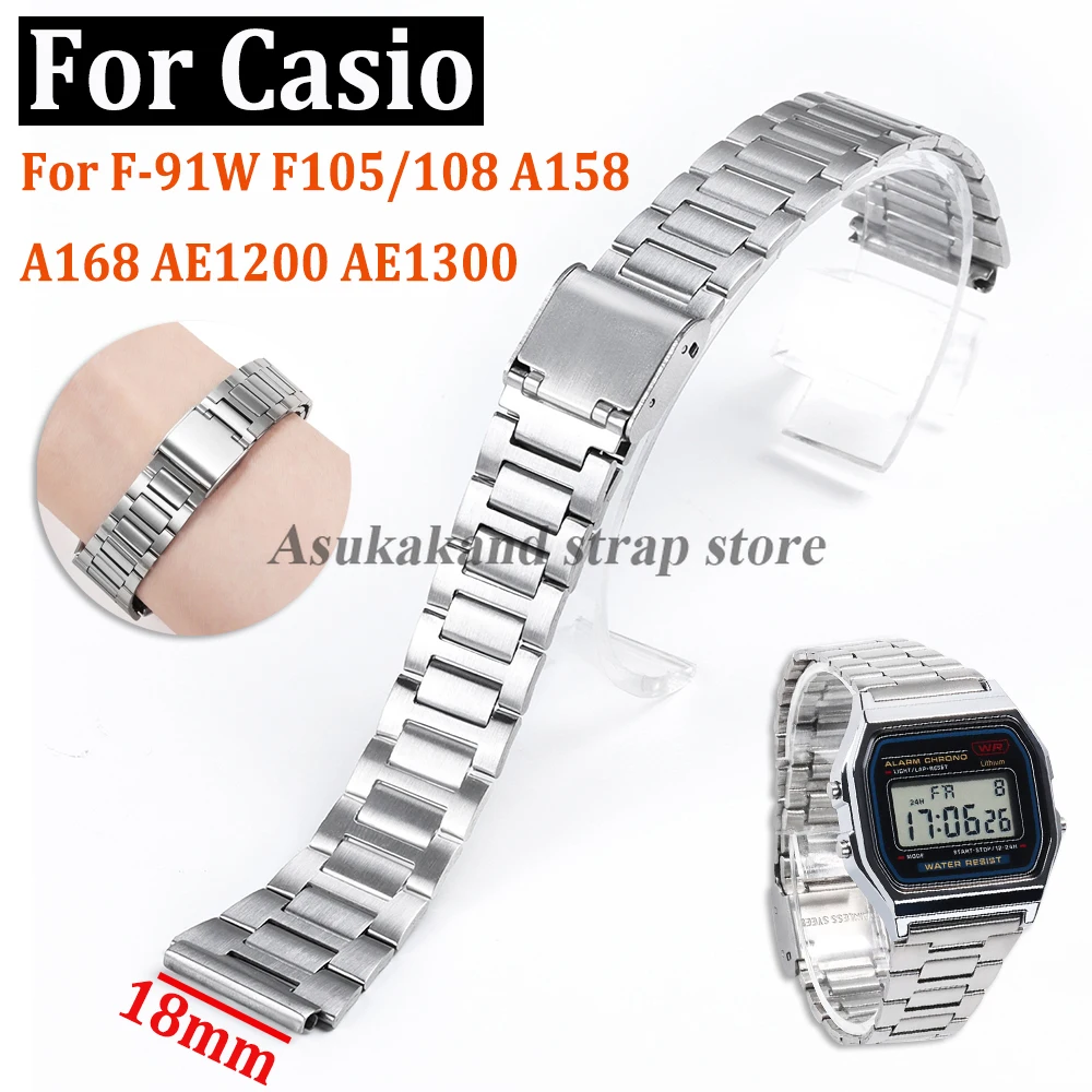 Stainless Steel Watch Band 18mm for Casio AE1200 AE1300 F-91W F105/108 A158 A168 Metal Strap Universal Men Replacement Watchband