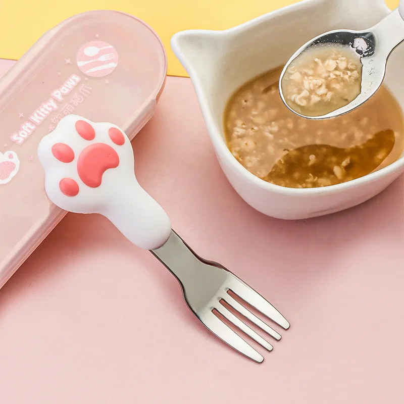 304 stainless steel children's tableware Cute cartoon silicone cat claw handle Eat and drink soup spoon fork