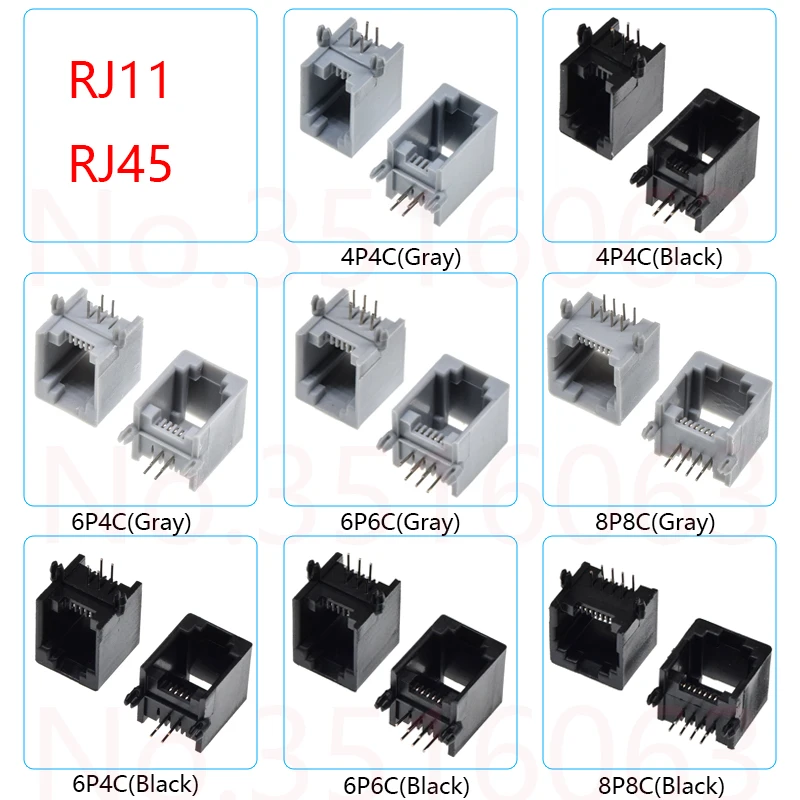 

10 pcs RJ11/RJ45 4P4C 6P6 6P4C 6P2C 8P8C Modular Network PCB Jack Vertical Ports Sockets Female Connectors Black Gray crystal