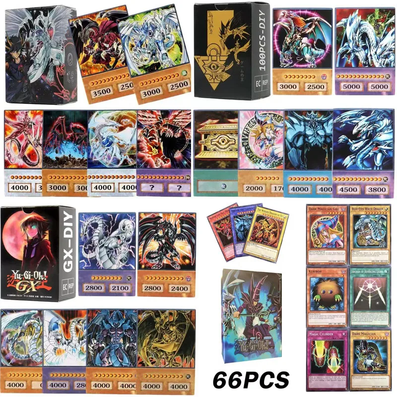 

66-100 шт. карты Yugioh с жестяной коробкой, карта Yu Gi Oh, английская голографическая карта с золотыми буквами, дуэльными звеньями, игровая карта с голубыми глазами Exodia