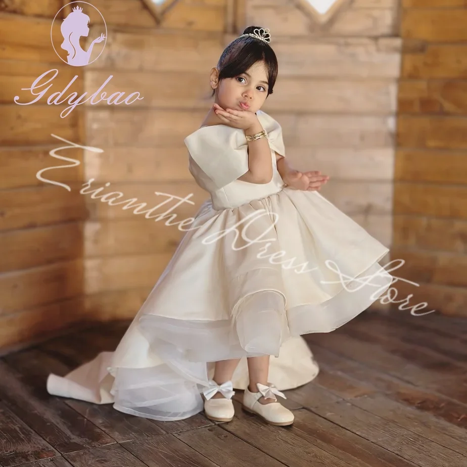 ชุดเดรสเด็กผู้หญิงสีงาช้างสำหรับงานแต่งงาน ผ้าซาตินทูลล์แบบพอง ไหล่เฉียง สไตล์เจ้าหญิง สำหรับงานวันเกิด งานรับศีลมหาสนิท หรืองานเลี้ยง