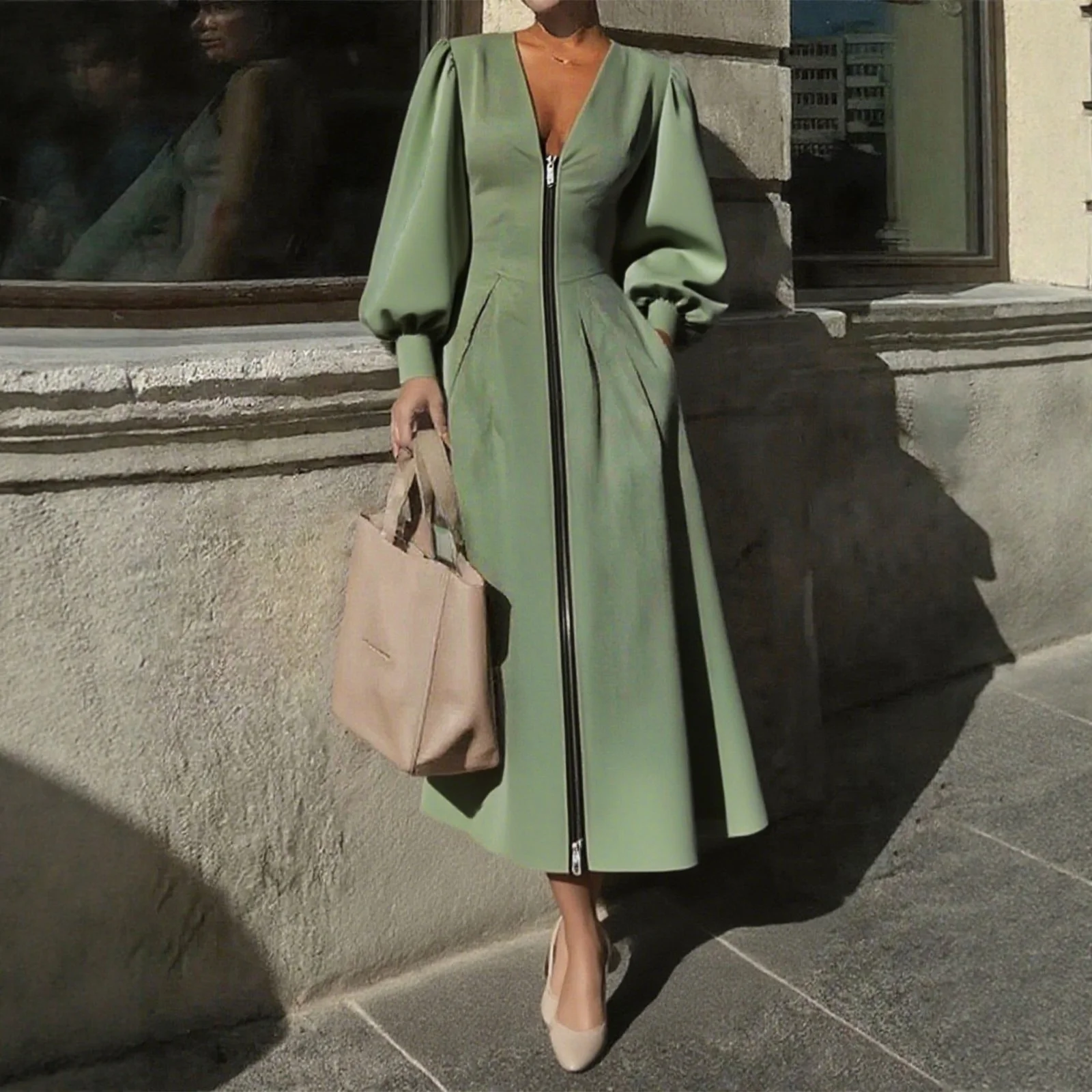

2025 Zipper Long Dress Women Deep V-Neck Lantern Sleeve A-line Dress Fall Spring Solid Color Elegant Party Dresses Vestidos