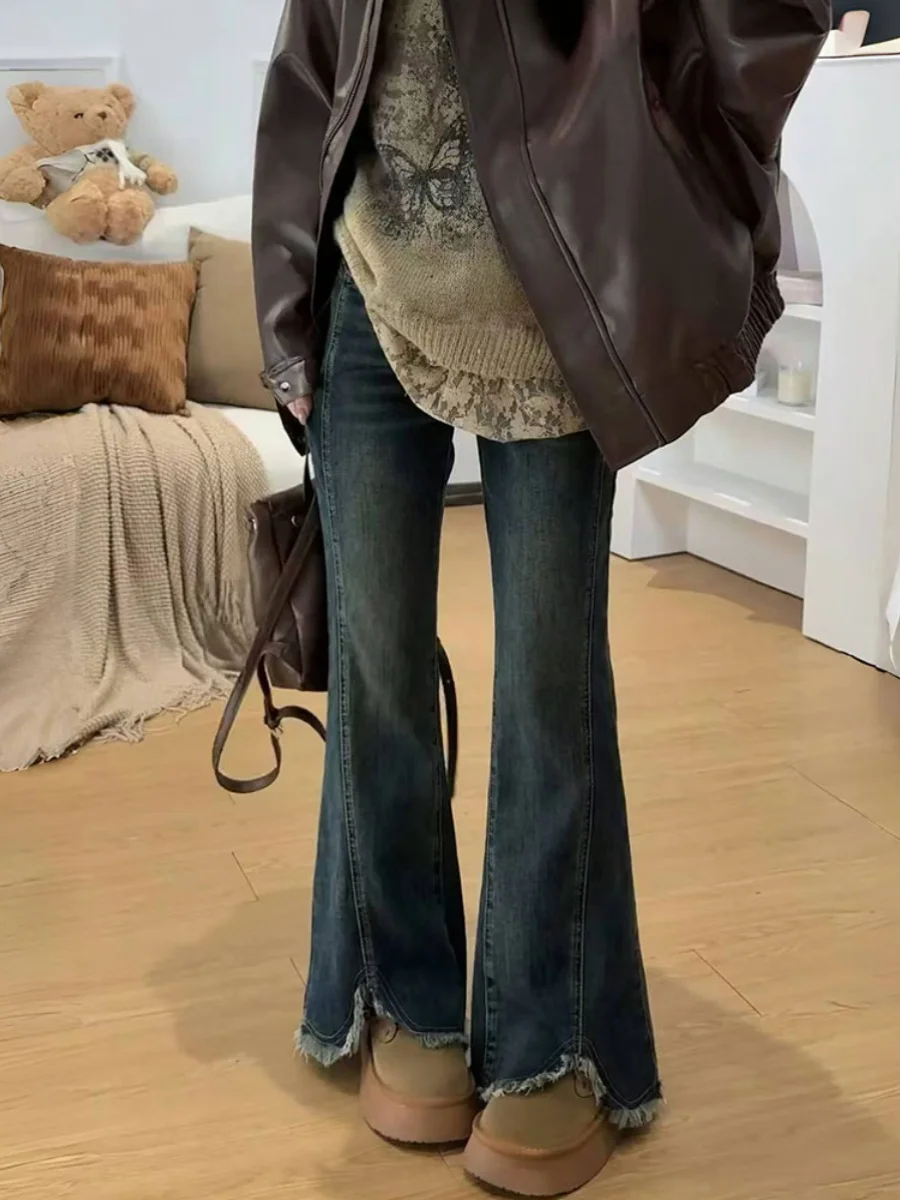 

Джинсы-клеш с высокой талией для женщин, весна-осень, новые, больших размеров, эластичные, из хлопкового стрейч-денима, утягивающие, универсальные брюки