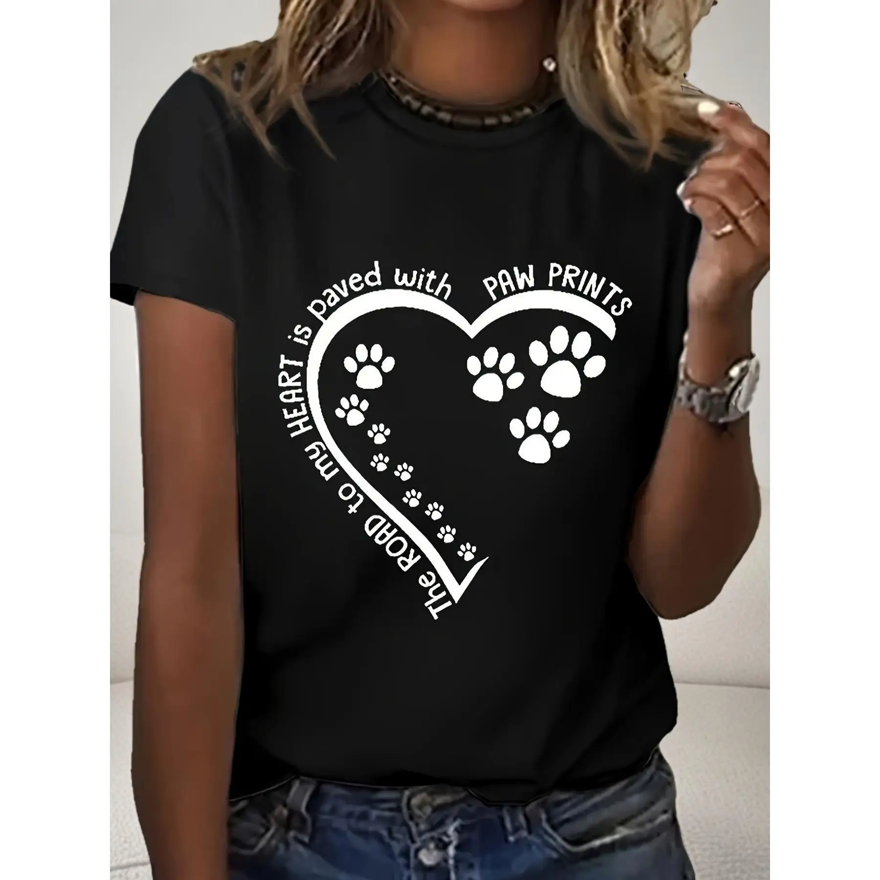 

Paw & Heart Print Crew Neck T-Shirt, Casual Short Sleeve T-Shirt For Spring & Summer, Women'S Clothing