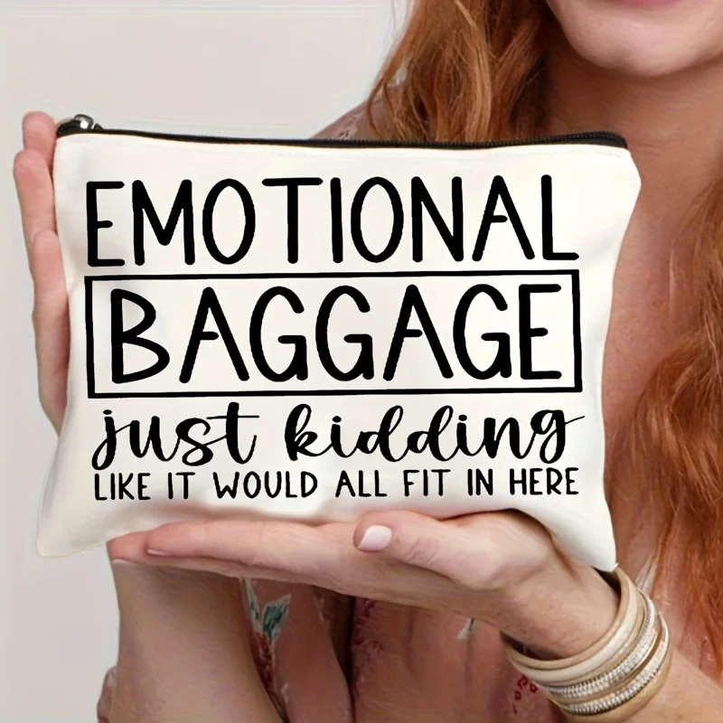 

1pc "Emotional Baggage" Printed Cosmetic Bag Foldable Travel Makeup Organizer with Zipper Closure Playful Text Design Tralve Bag