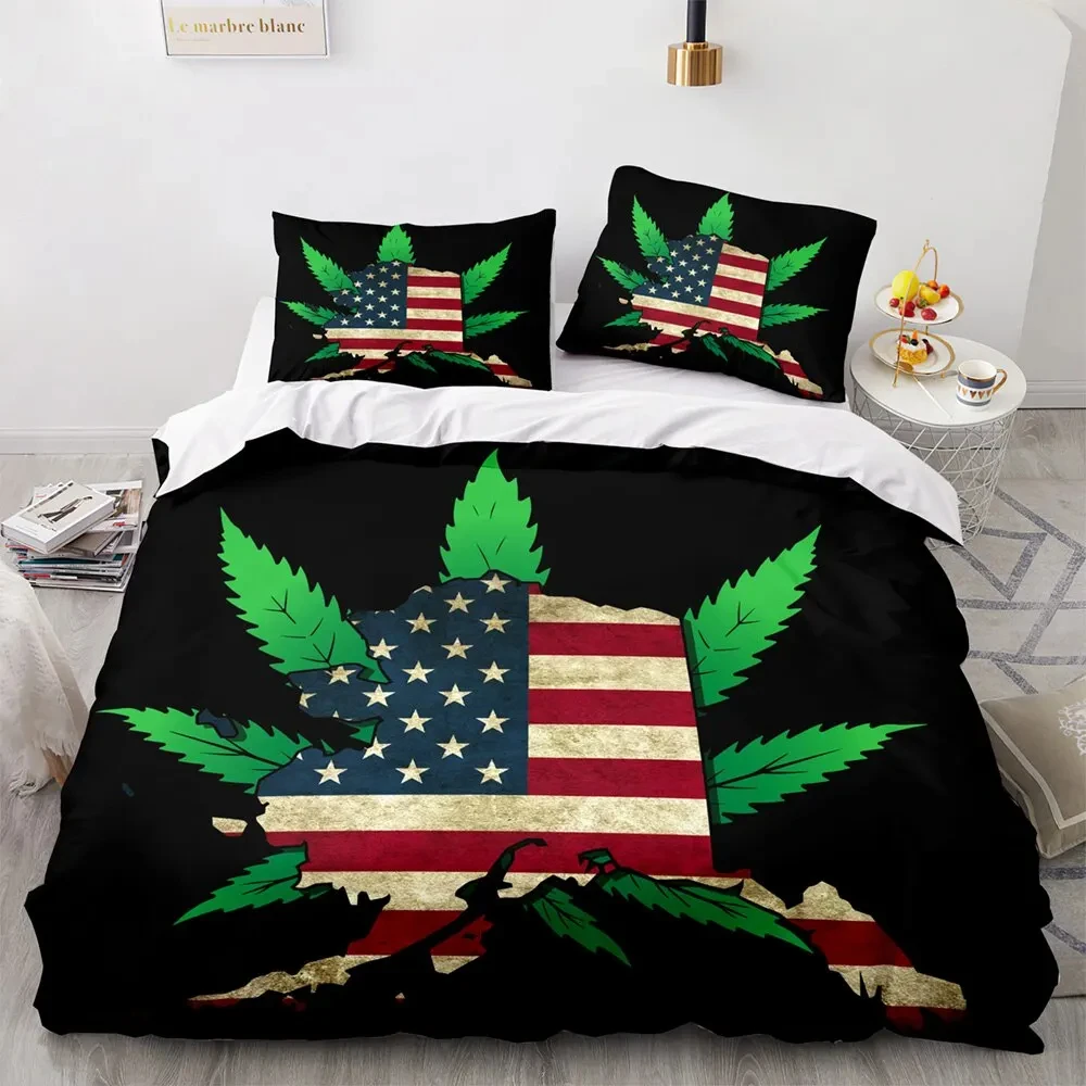 Marijuana Weed Leaf King Queen Duvet Cover Green Maple Leaves Bedding Set for Adults Palm Leaves 2/3pcs Polyester Quilt Cover