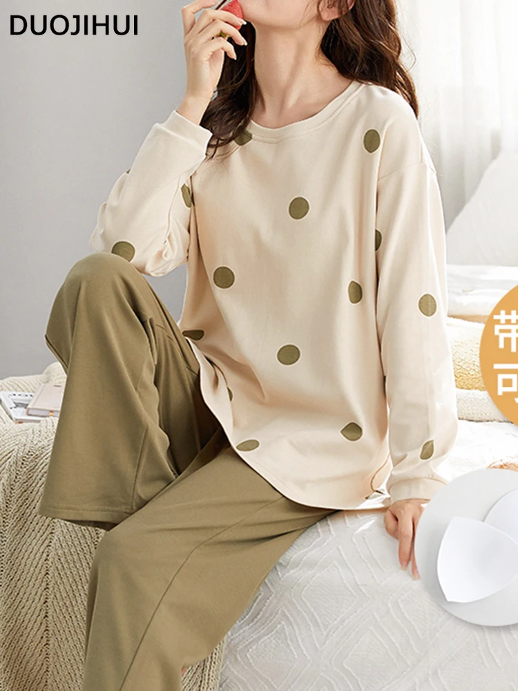 DUOJIHUI New Women's Polka Dot Two-piece Pajamas Korean Fashion Classic with Chest Pad Lady Versatile Long Sleeved Home Clothing