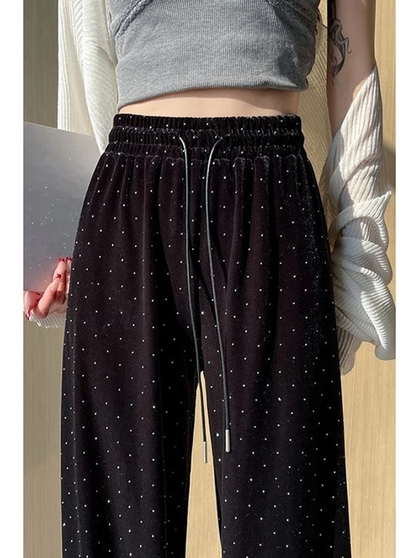 

plus Size Gold Velvet Wide Leg Pants Women's Autumn Winter Loose Drapey Casual Trousers with Dstring High Waist Trendy