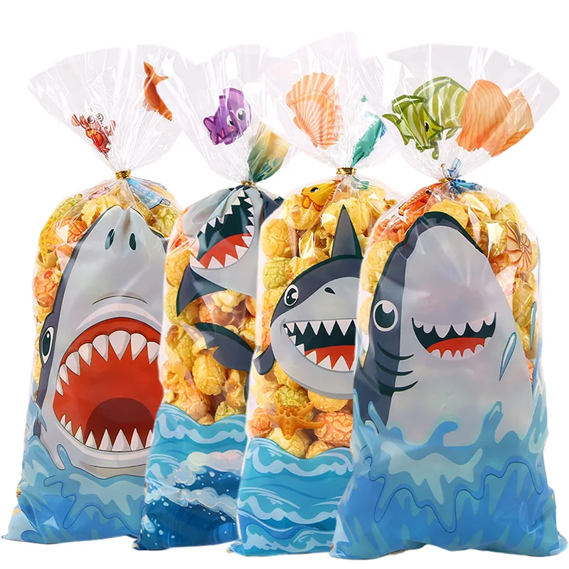 50pcs Cute Cartoon Shark Head Transparent Opp Bag, Ocean Animals Printed Gift Candy Packaging Strip Flat Bags With Gold Ribbon