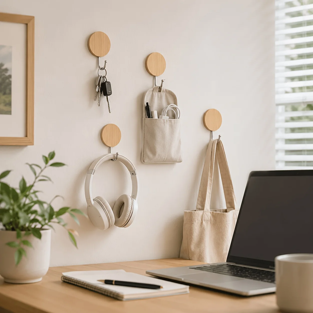 5Pcs Self-Adhesive Wall Hooks Without Holes, with Round Wooden Bases for Attaching Hooks. Suitable for Home Organization