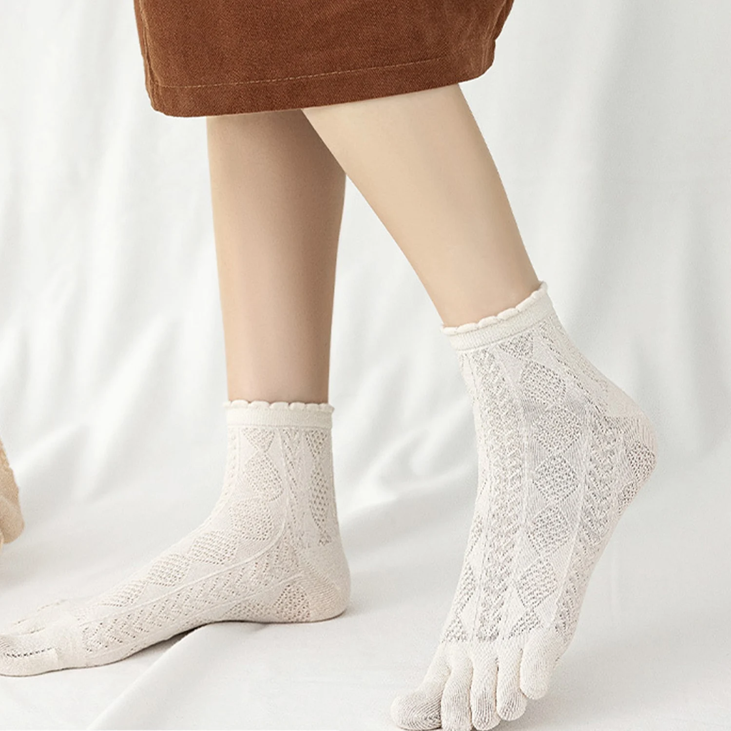 Cotton Five Finger Socks For Woman edge curl Fashions Dark Brown Loose Harajuku Short Socks With Toes Japanese Split Toe Socks