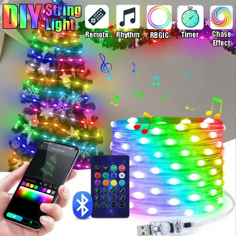 Tira de luces LED RGBIC para decoración de fiestas en casa, luces de hadas de Navidad, Control inteligente por aplicación Bluetooth, bricolaje, 2-30M