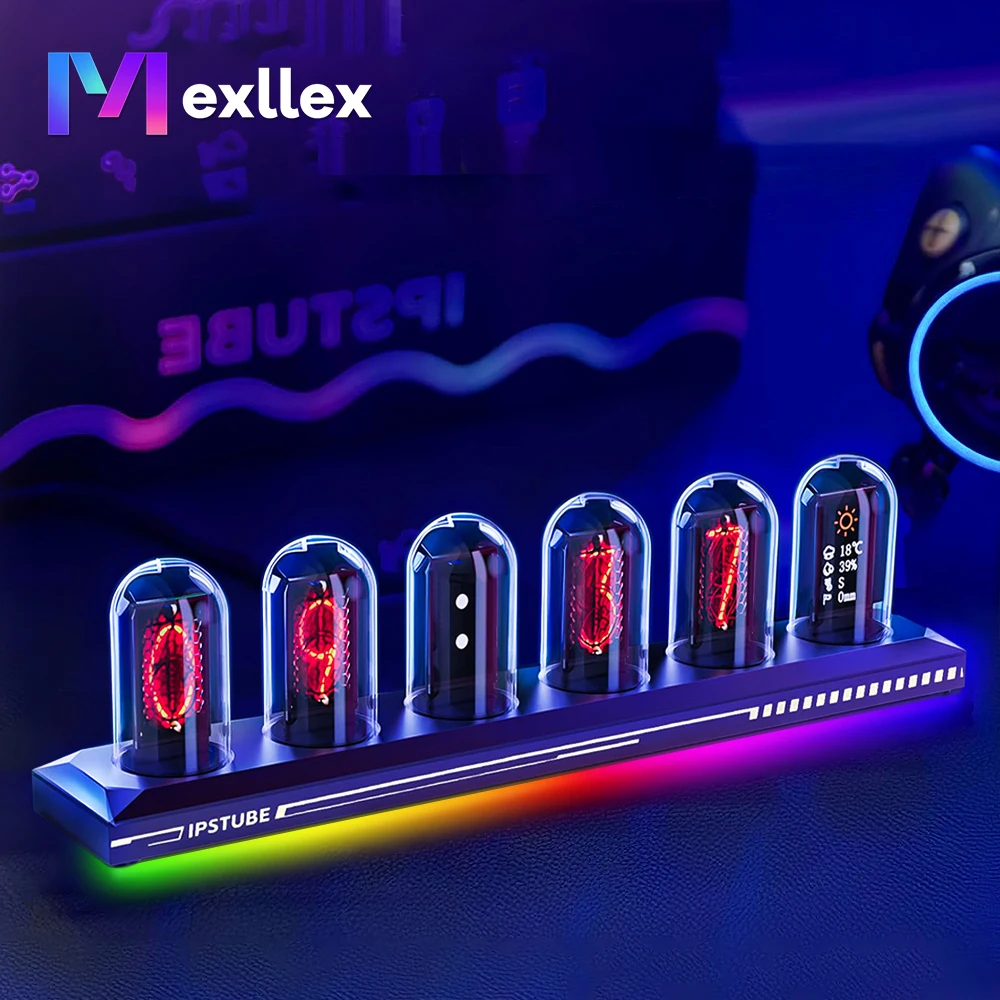 Mexllex Nixie Tube RGB Retro zegar cyfrowy, zegar analogowy IPS Glows, obsługa kalibracji czasu Wi-Fi, kontrola aplikacji, tryb krokomanii