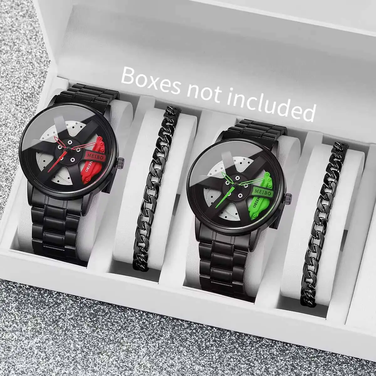 2/4PCS Fashion 3D Car Wheel Dial Men Sports Watches Luxury Stainless Steel Band Quartz Watch Bracelet Set（Without Box）