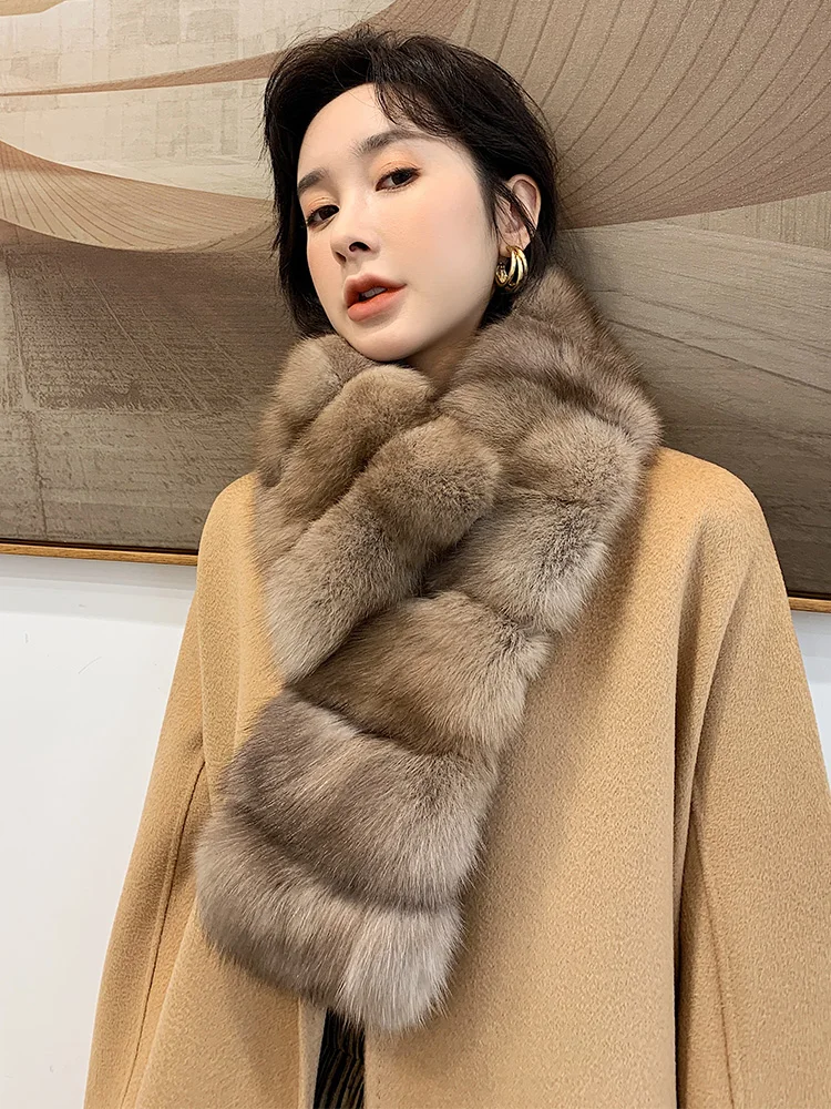 2022 women winter super luxury outfit decorate real sable fur long scarf genuine chinchilla fur scarf mufflers shawl ring