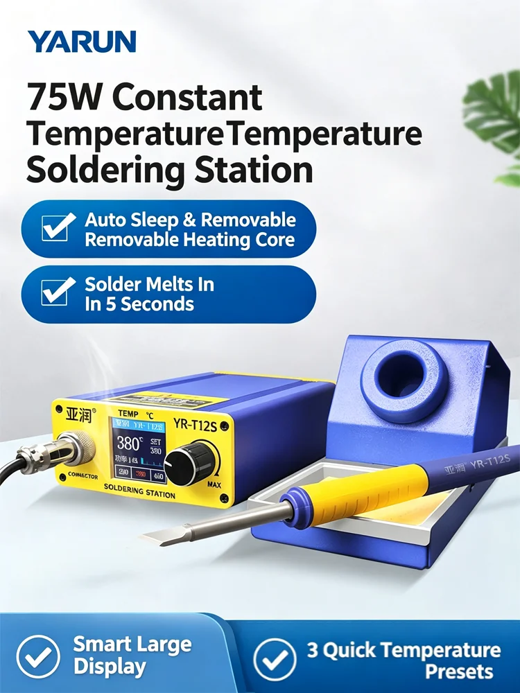 YARUN T12A/B Digital Soldering Station 75W 100‑480℃ Smart Display Auto Sleep 3 Preset Temp Electronic Solder Iron Rework Station