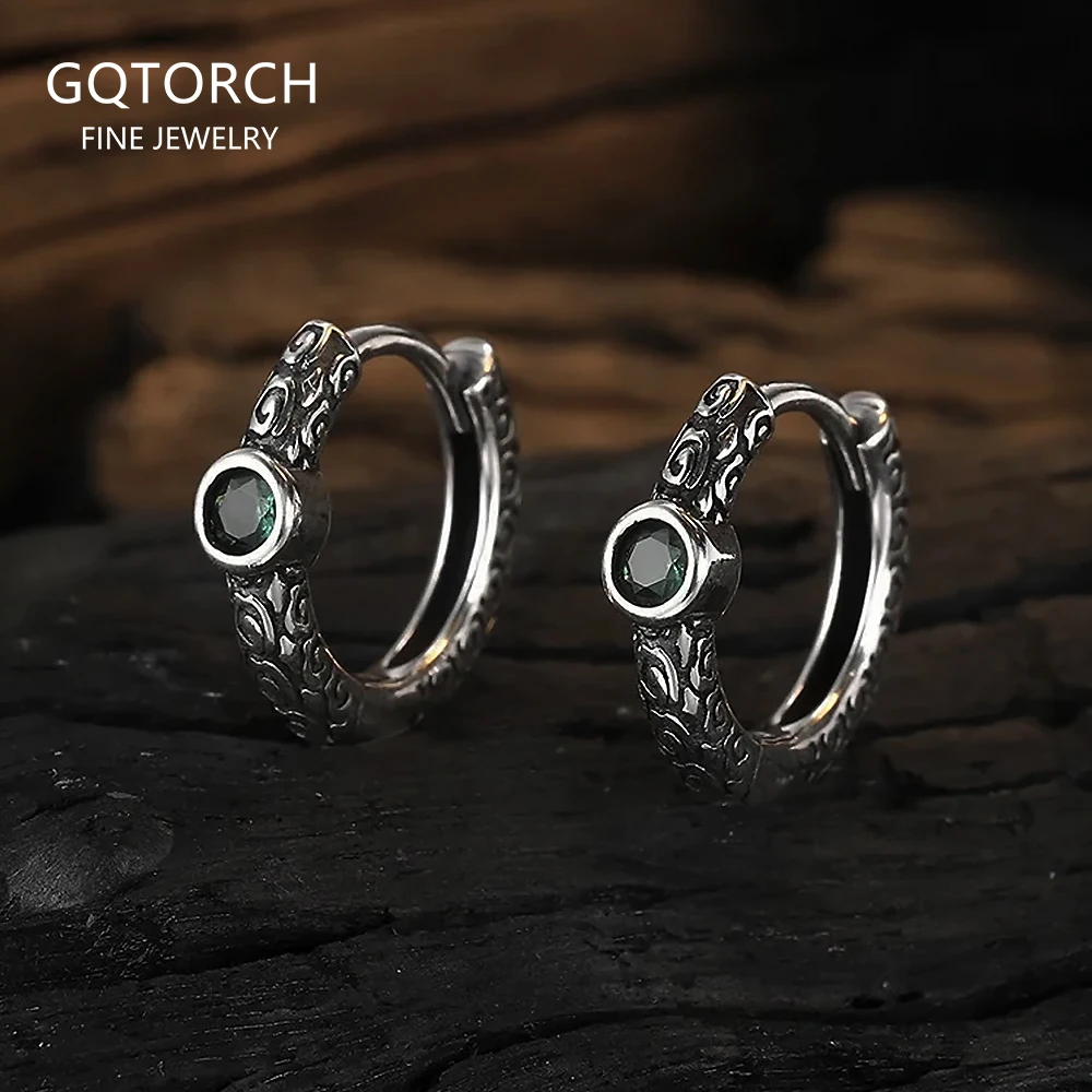 

925 Sterling Silver Gothic Hoop Earrings with Green Zircon Men Women Huggie Earrings Vintage Punk Retro Fashion Party Jewelry