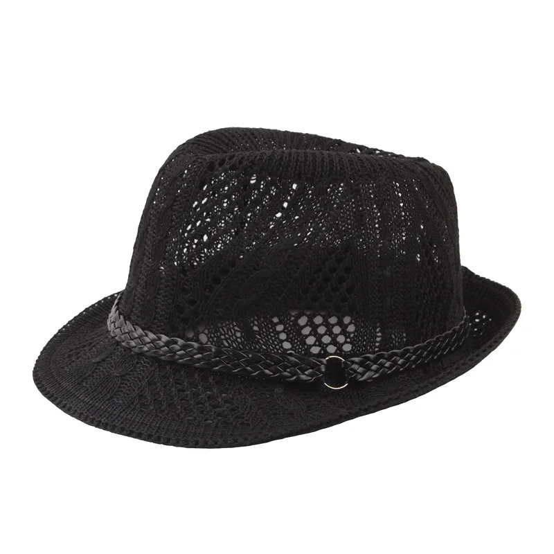 Summer Women\'s Knitted Mesh Breathable Curled Jazz Hat Leather Belt Panama Hat