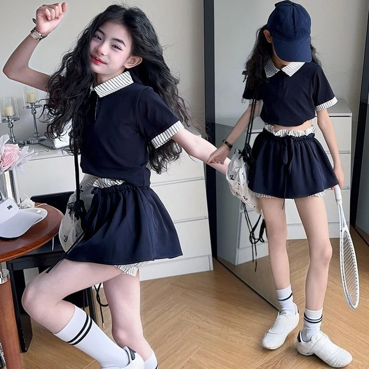 

Summer teen girl casual clothes set contrasting striped splicing POLO collar top+skirt shorts 2pcs junior kid suit child outfits