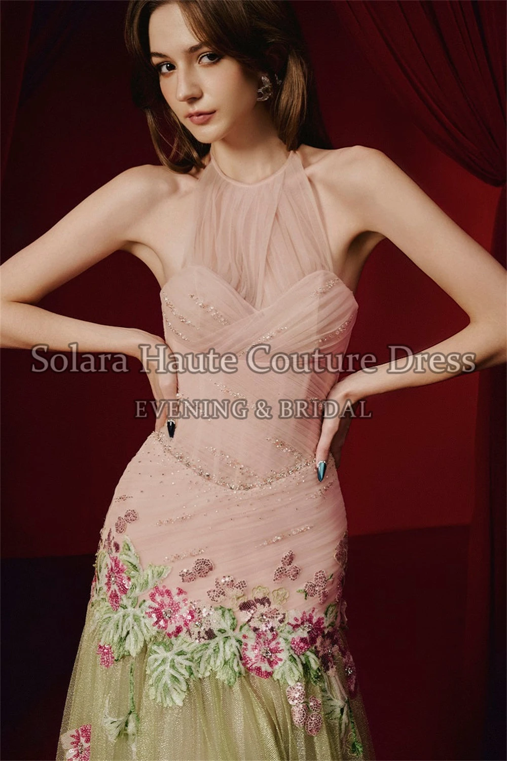 Solara Romantic Pink-Gold Halter Evening Gown Women's Formal Floral Embroidered Tulle Dress For Gala & Wedding Guest Custom