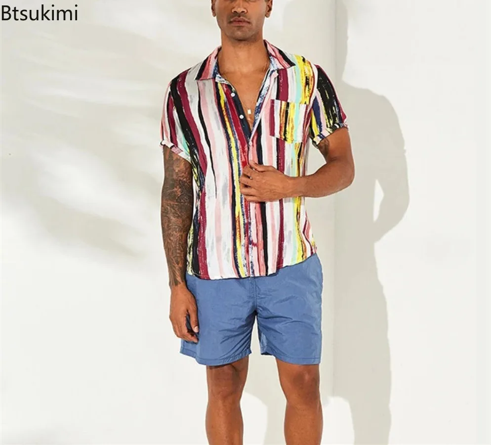 Summer Men\'s Short Sleeve Cotton Shirts Street Style Men Casual Holiday Tops Trend Striped Print Loose Beach Shirts Male Blouses