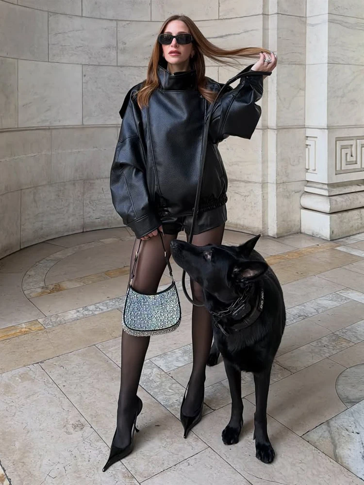 Retro Stand Collar Leather Jacket Women Solid Long Sleeve Lapel Zipper Short Loose Jackets 2026 New Lady Spring Autumn Outwears